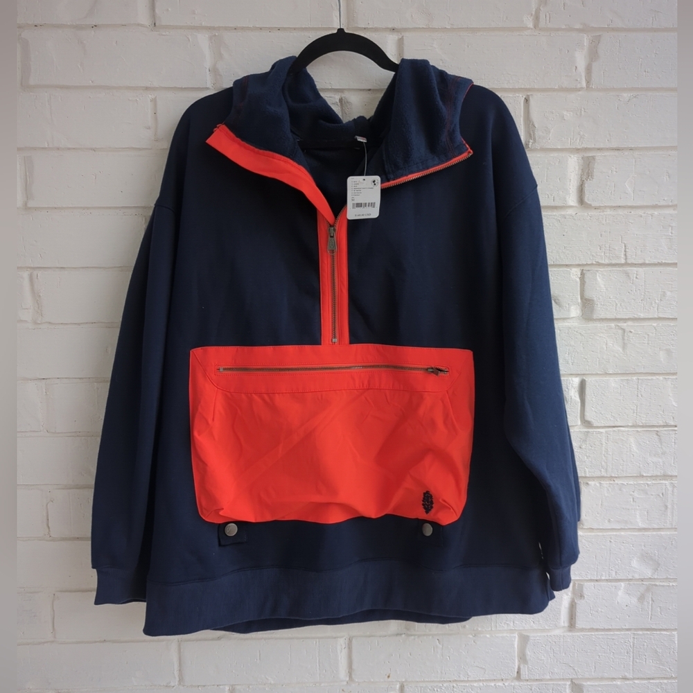 Free People Dark Blue and Bright Orange Hoodie - Picture 4 of 8